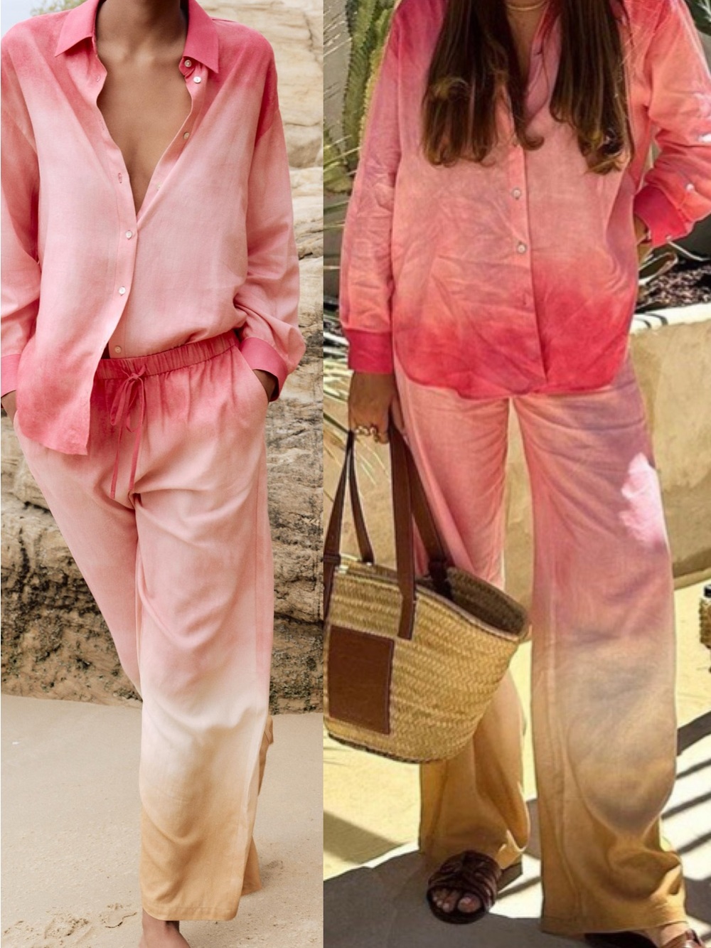 ZARA pink rustic ombré Wide Leg Pants Medium and blouse Linen large